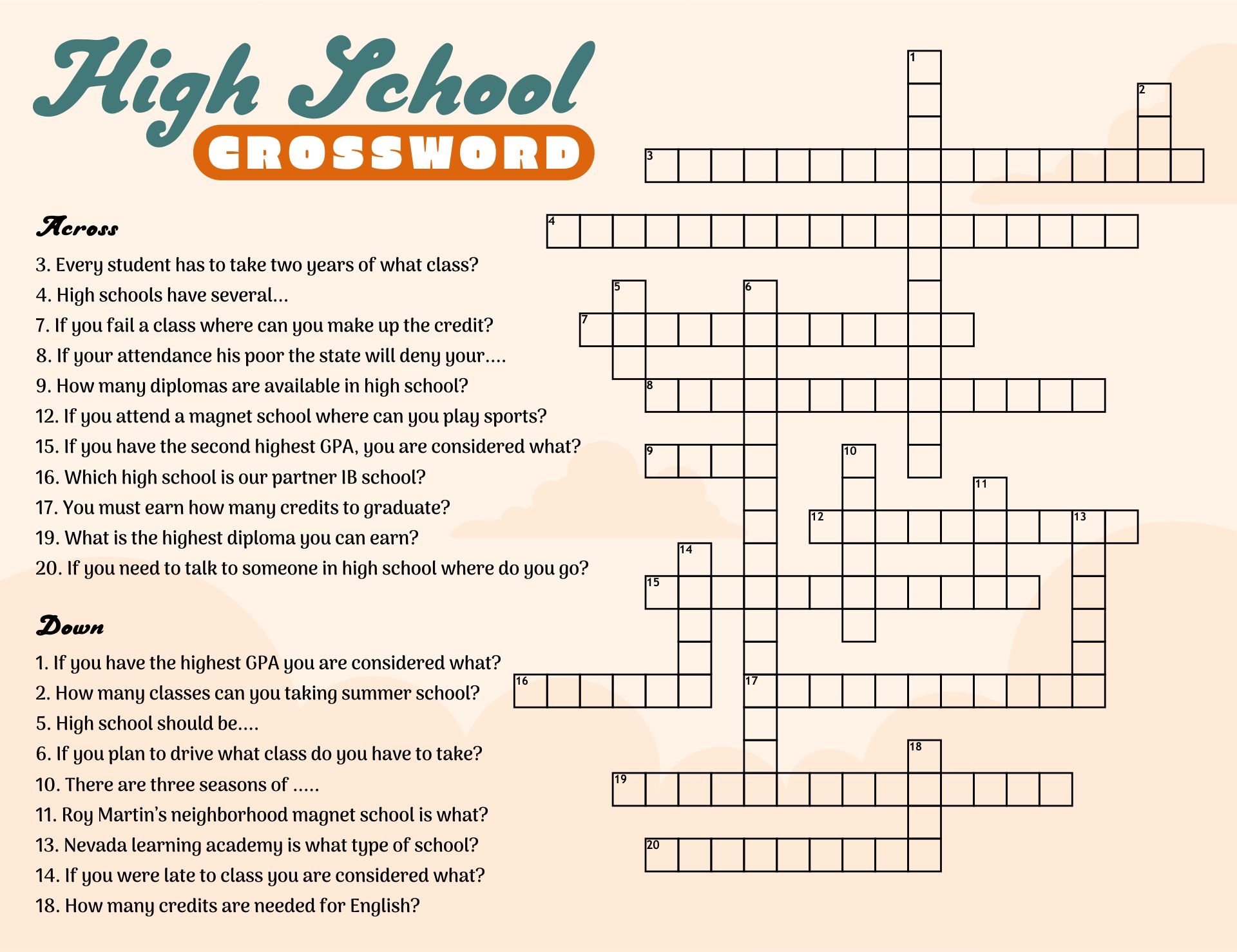 Printable High School Crossword Puzzles Printable High School Crossword Puzzles
