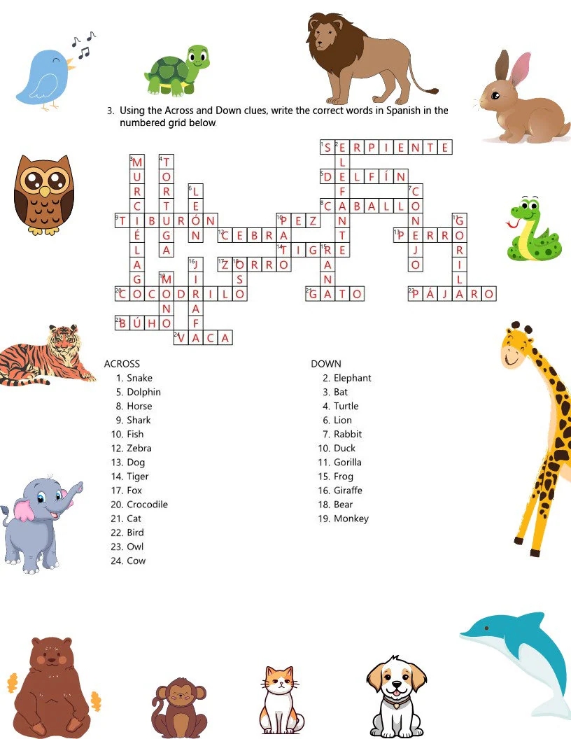 Spanish Animal Names Word Search Crossword Puzzles printable Etsy Spanish Animal Names Word Search Crossword Puzzles printable Etsy