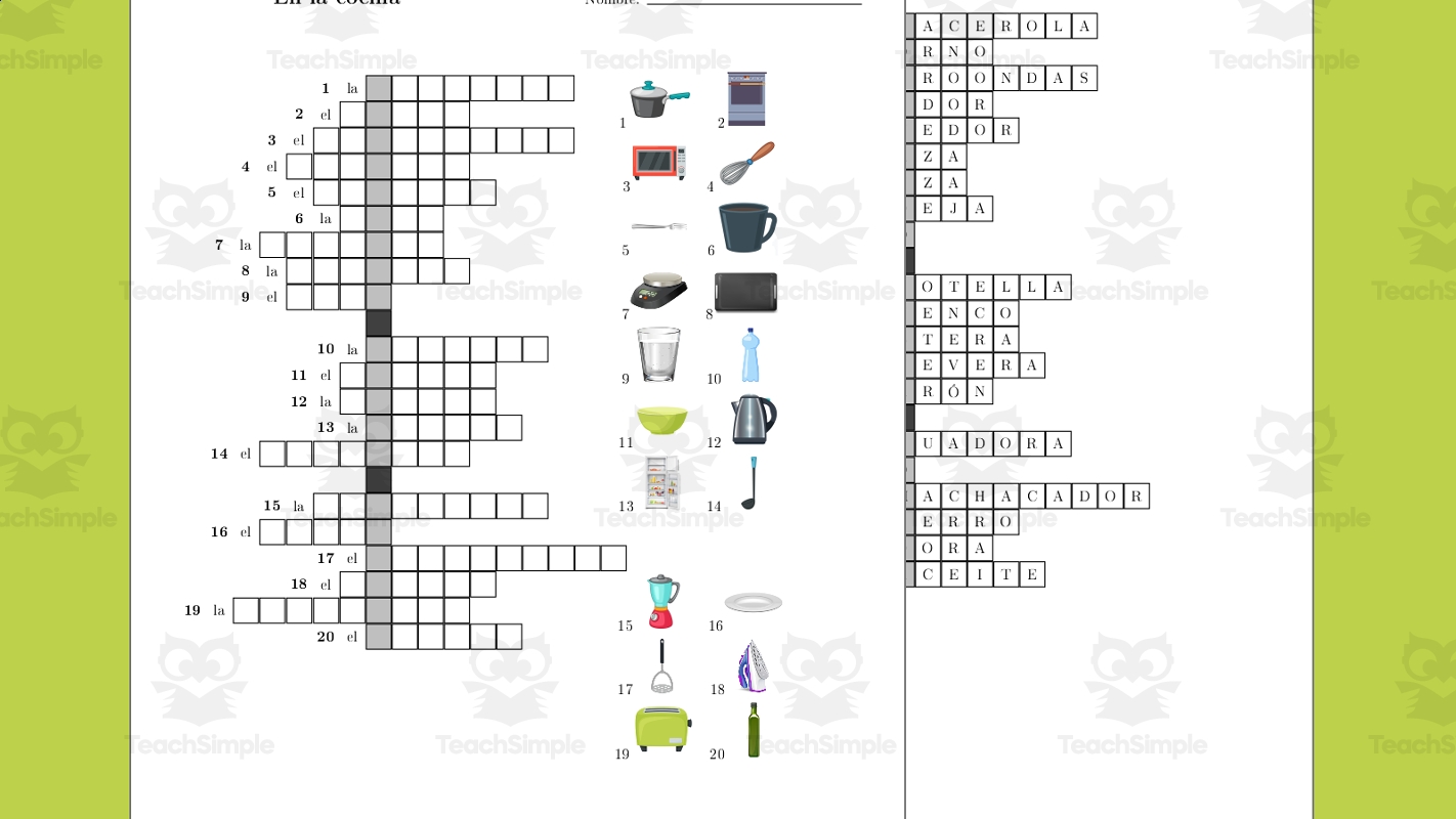 Spanish Crossword Puzzle In The Kitchen En La Cocina By Teach Simple Spanish Crossword Puzzle In The Kitchen En La Cocina By Teach Simple