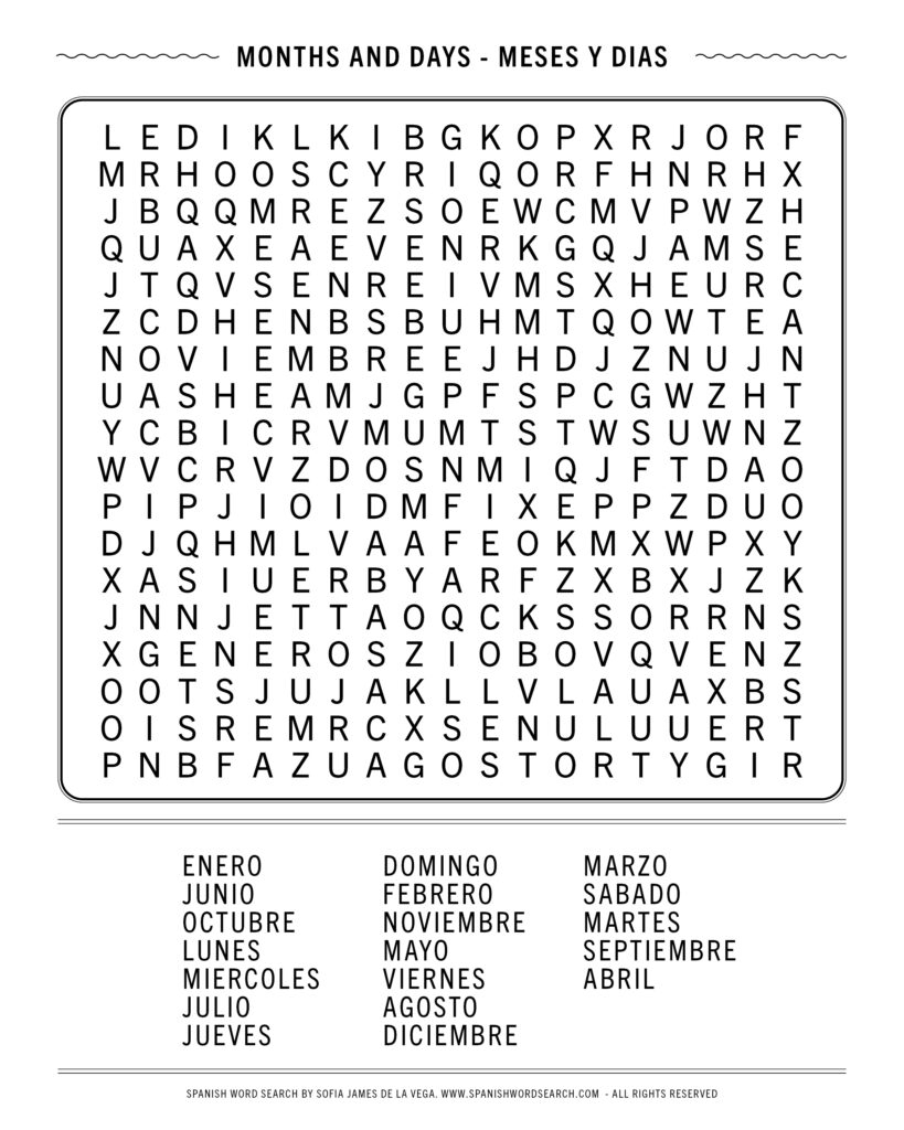 Spanish Months And Days Word Search Calendar Vocabulary Spanish  Spanish Months And Days Word Search Calendar Vocabulary Spanish
