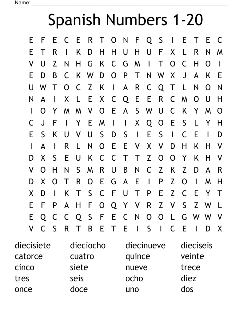 Spanish Numbers 1 20 Word Search WordMint