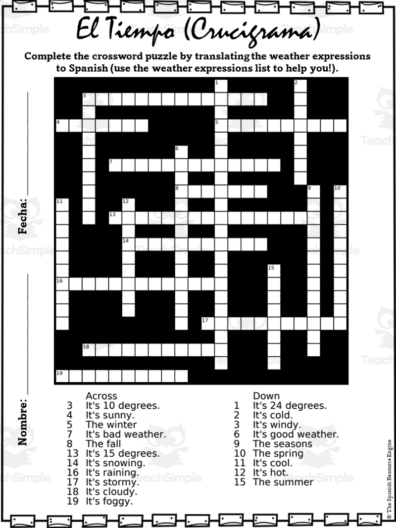 Spanish Weather Crossword Puzzle By Teach Simple Spanish Weather Crossword Puzzle By Teach Simple