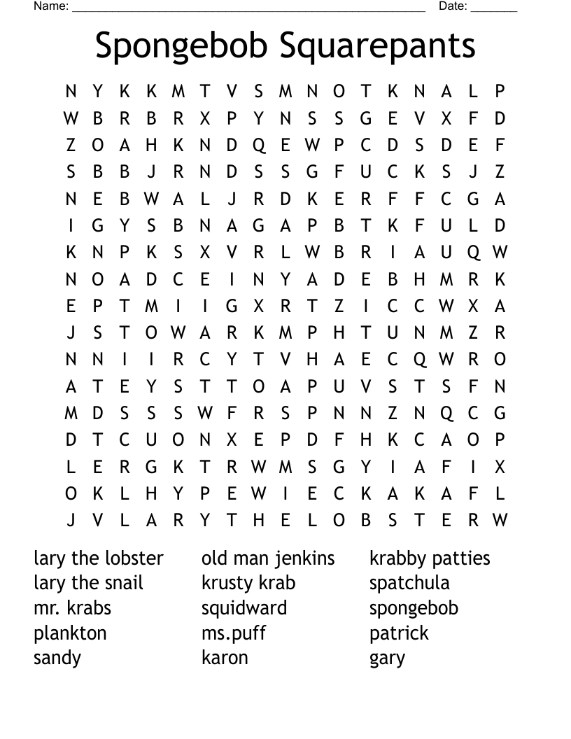 Spongebob Squarepants Crossword WordMint Spongebob Squarepants Crossword WordMint