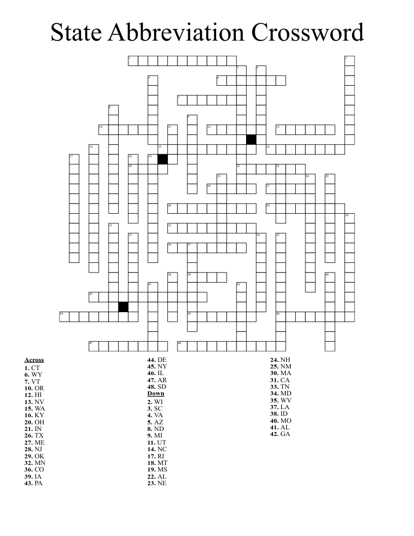 State Abbreviation Crossword WordMint
