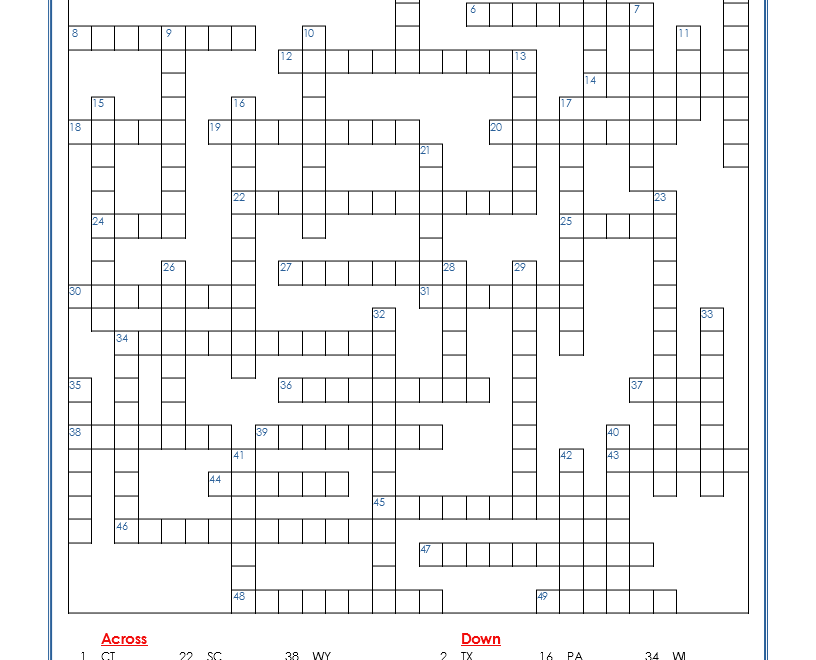 State Abbreviations Crossword Puzzle My Printable Puzzles