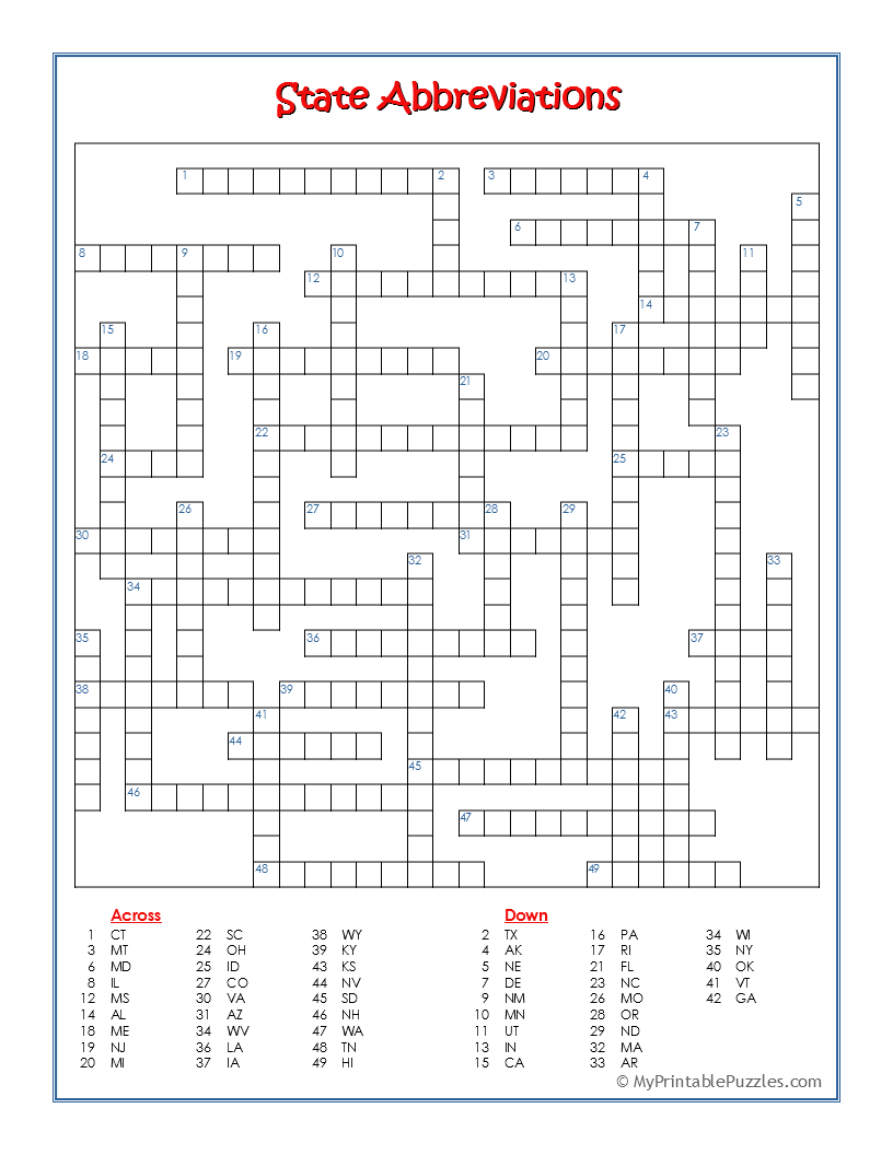 State Abbreviations Crossword Puzzle My Printable Puzzles State Abbreviations Crossword Puzzle My Printable Puzzles