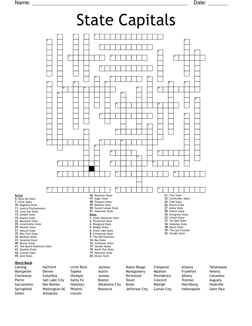 State Capitals Crossword WordMint State Capitals Crossword WordMint