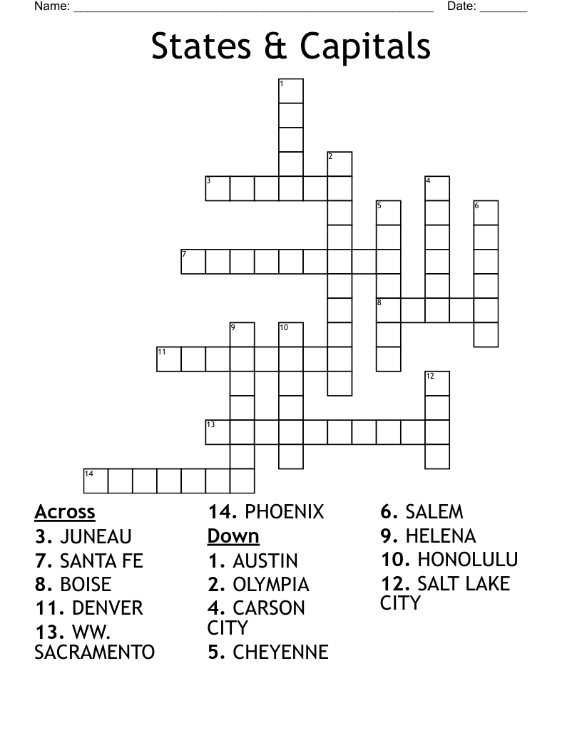 States Capitals Crossword WordMint States Capitals Crossword WordMint