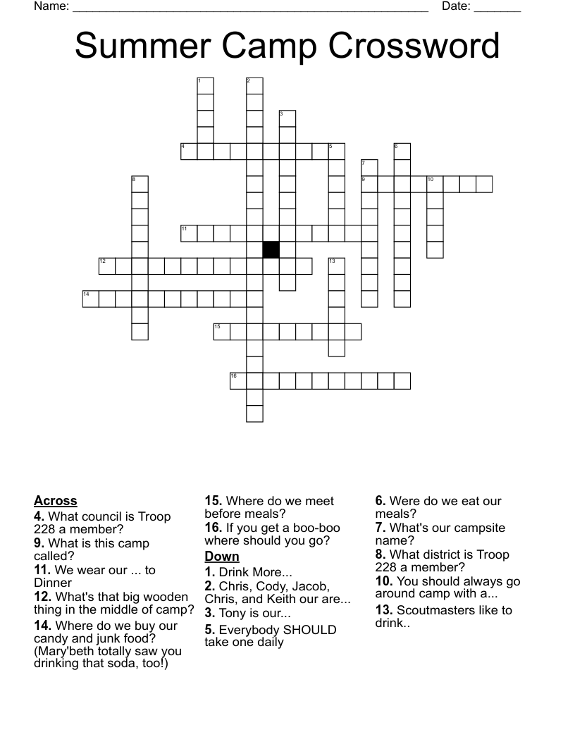 Summer Camp Crossword WordMint Summer Camp Crossword WordMint