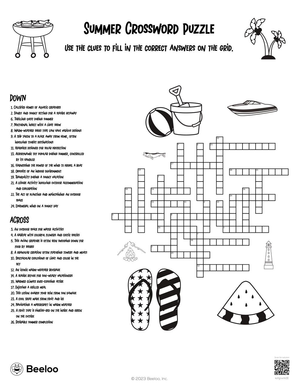 Summer Crossword Puzzle Beeloo Printable Crafts And Activities For Kids