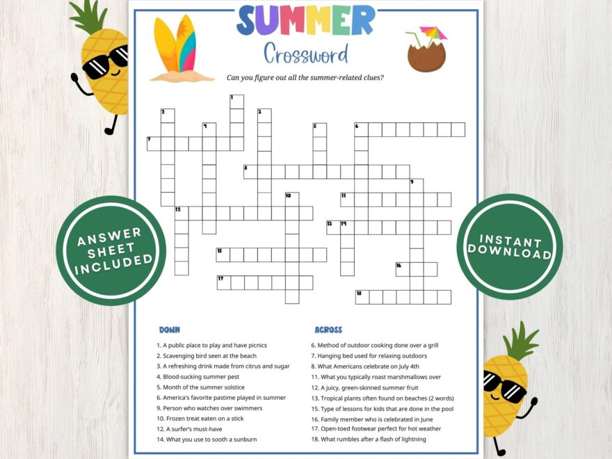 Summer Crossword Puzzle For Kids And Adults Fun Printable Summertime Word Game For Parties Picnics And Family Gatherings Instant Download Etsy