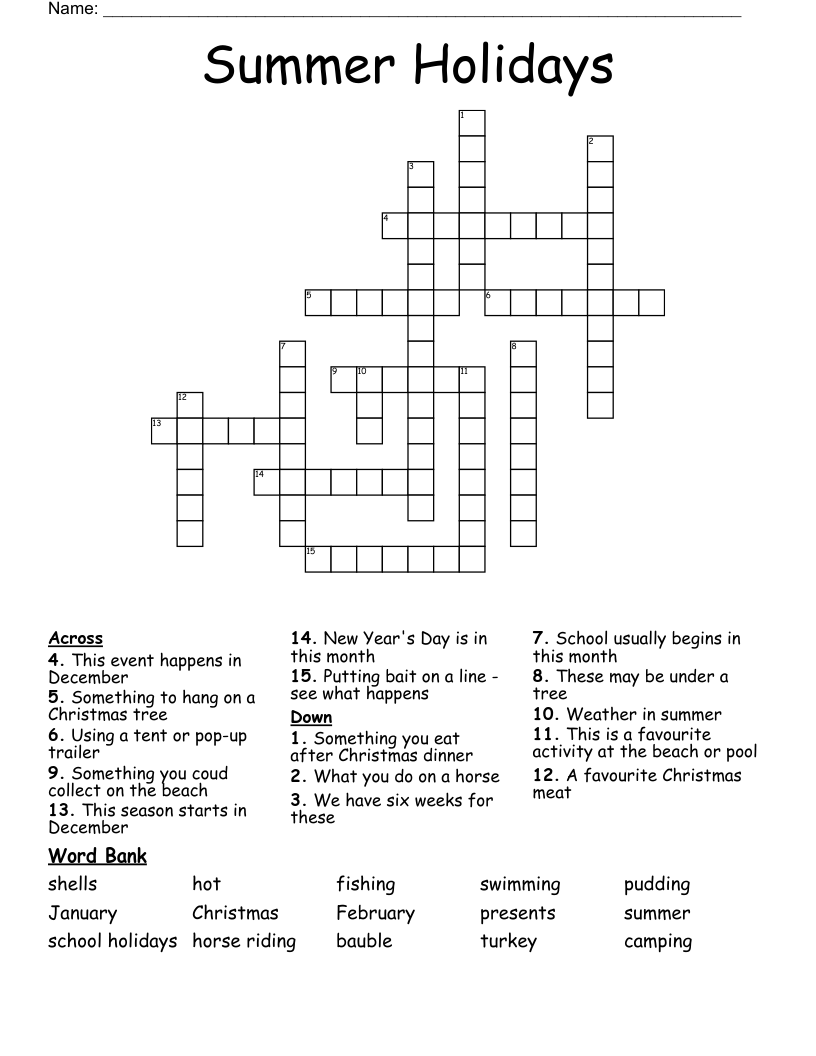 Summer Holidays Crossword WordMint Summer Holidays Crossword WordMint