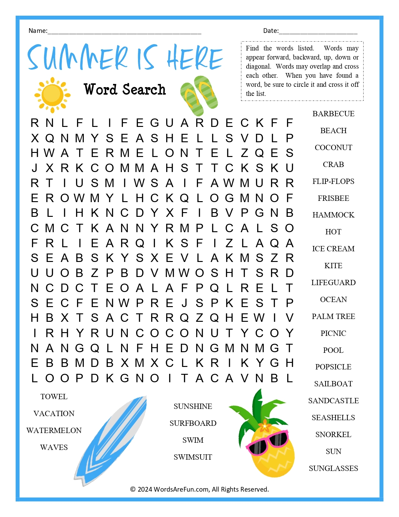 Summer Is Here Word Search Summer Is Here Word Search