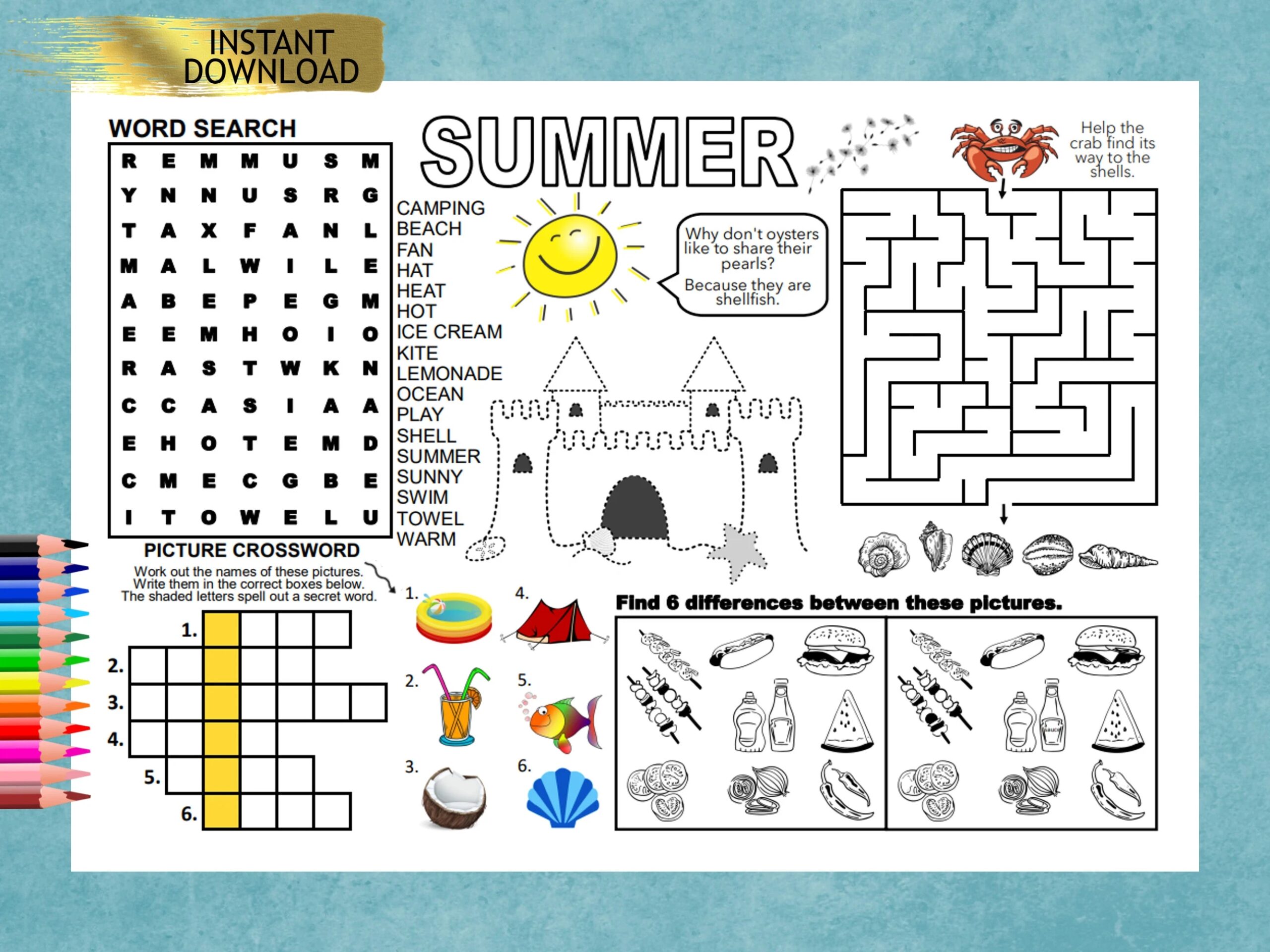 SUMMER SEASON Puzzle Placemat PDF Crossword Puzzles Activity Sheet Puzzle Sheet Puzzle Place Mat Printable Print Out Seasons Etsy