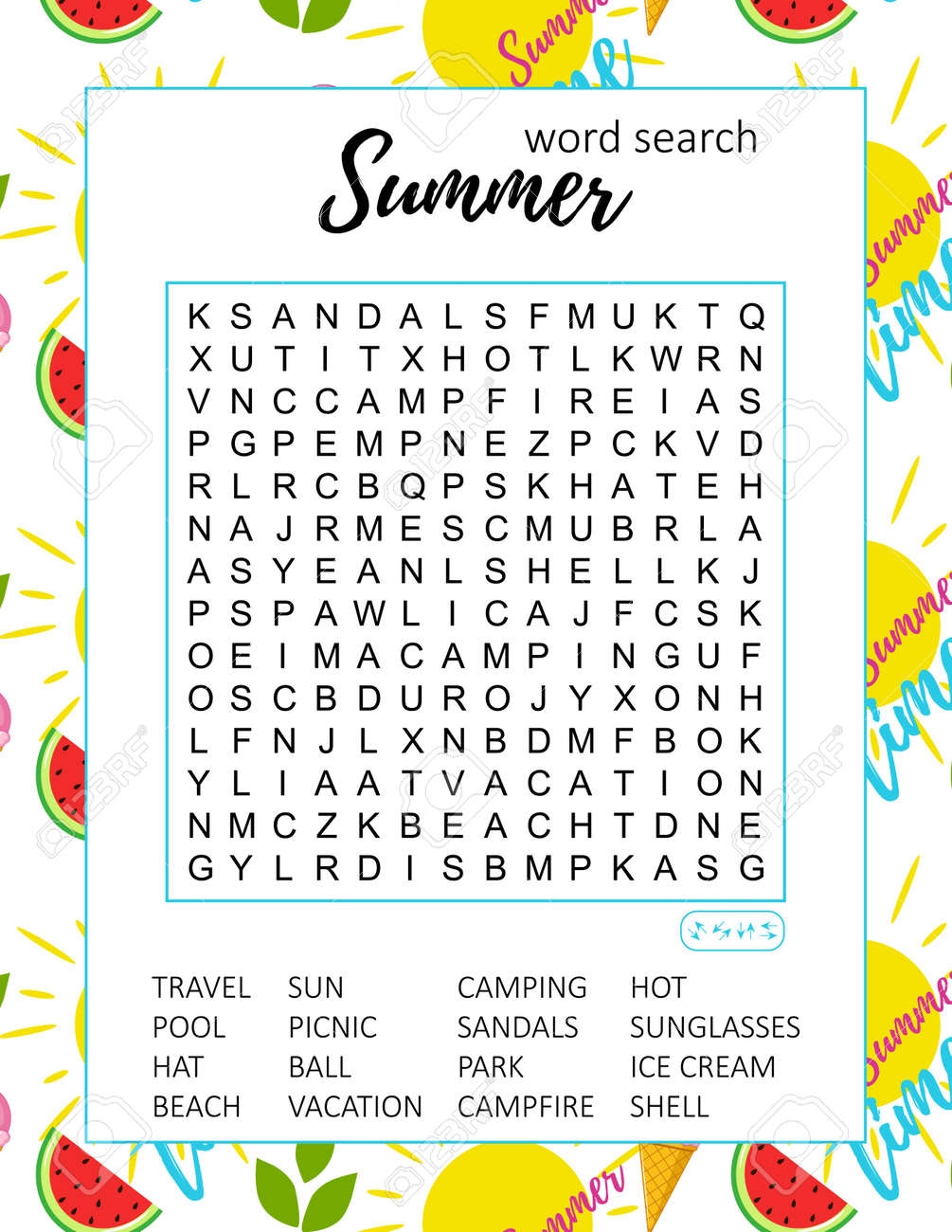 Summer Word Search Puzzle Educational Game Crossword Suitable For Social Media Post Party Card Printable Colorful Worksheet For Learning English Words Vector Illustration Royalty Free SVG Cliparts Vectors And Stock Illustration Image