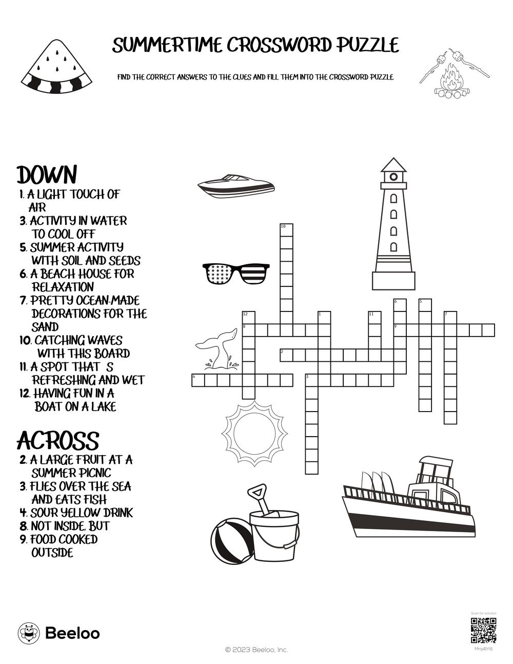 Summertime Crossword Puzzle Beeloo Printable Crafts And Activities For Kids Summertime Crossword Puzzle Beeloo Printable Crafts And Activities For Kids