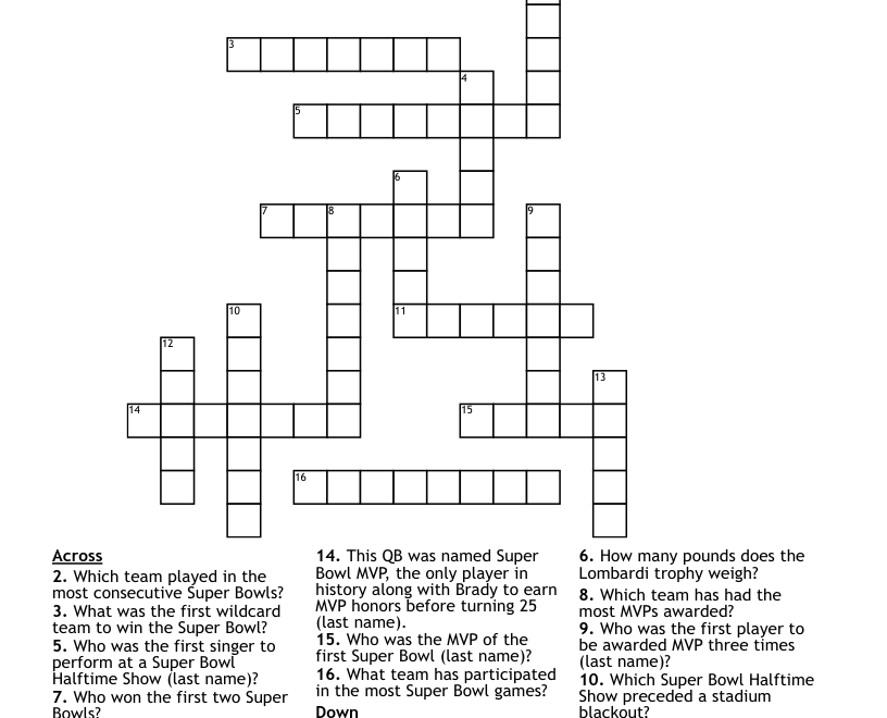 SUPER BOWL CROSSWORD PUZZLE WordMint