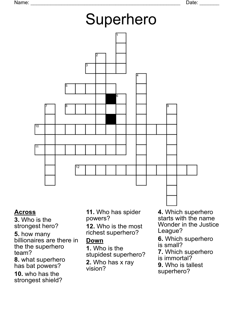 Superhero Crossword WordMint Superhero Crossword WordMint
