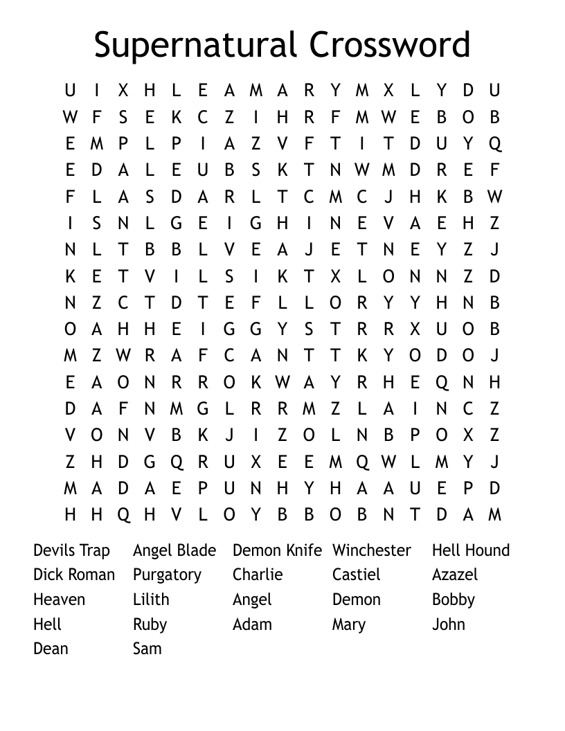 Supernatural Crossword Word Search WordMint Supernatural Crossword Word Search WordMint