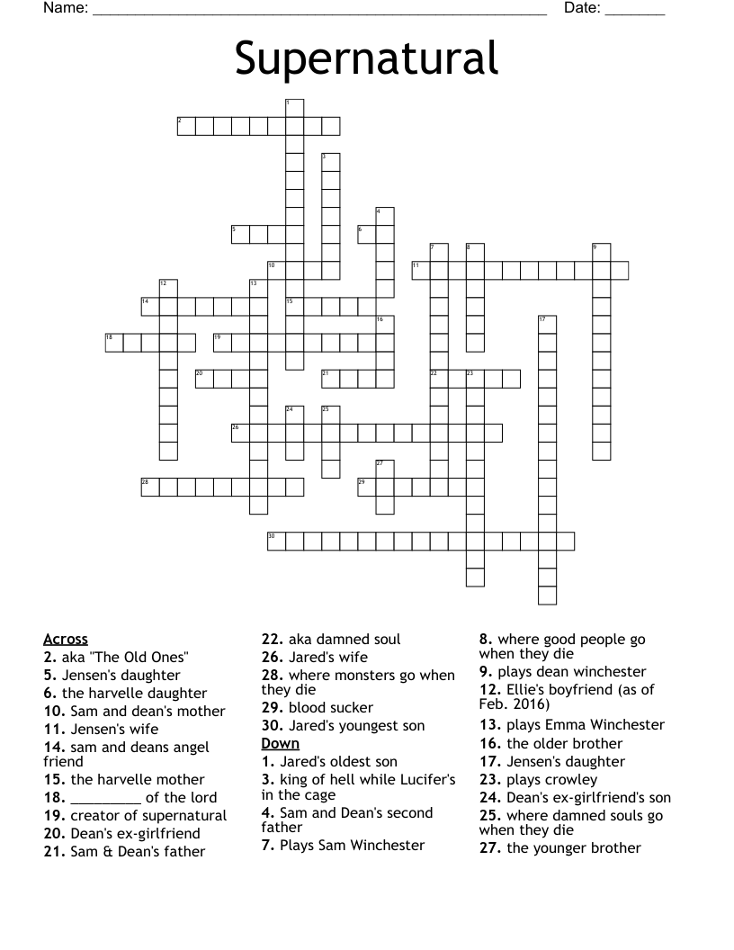 Supernatural Crossword WordMint Supernatural Crossword WordMint