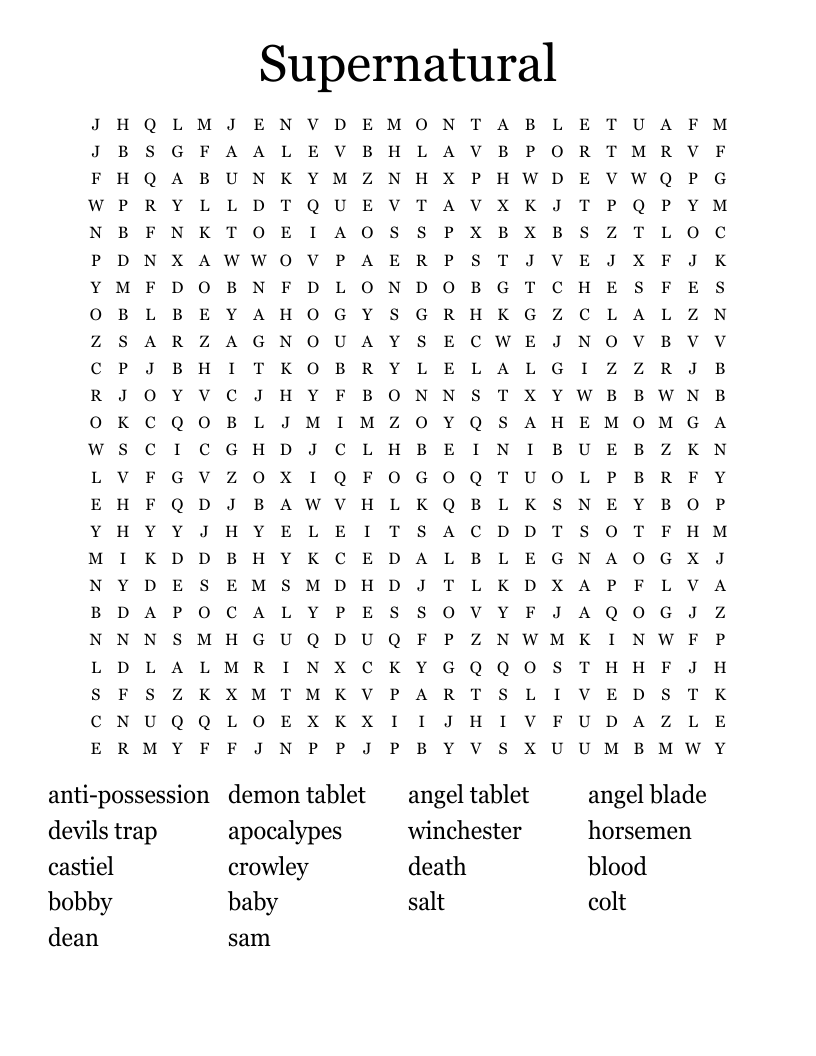 Supernatural Word Search WordMint Supernatural Word Search WordMint