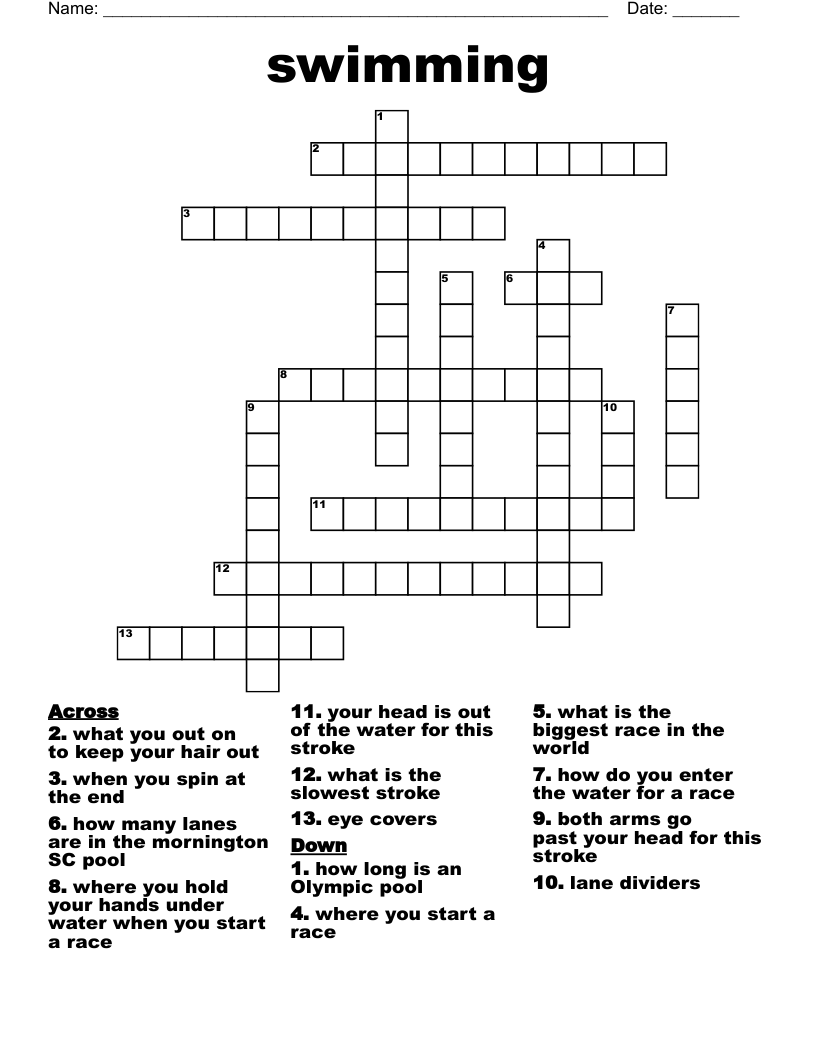 Swimming Crossword WordMint Swimming Crossword WordMint