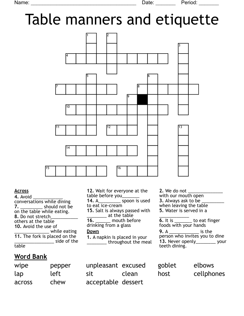 Table Manners And Etiquette Crossword WordMint Table Manners And Etiquette Crossword WordMint