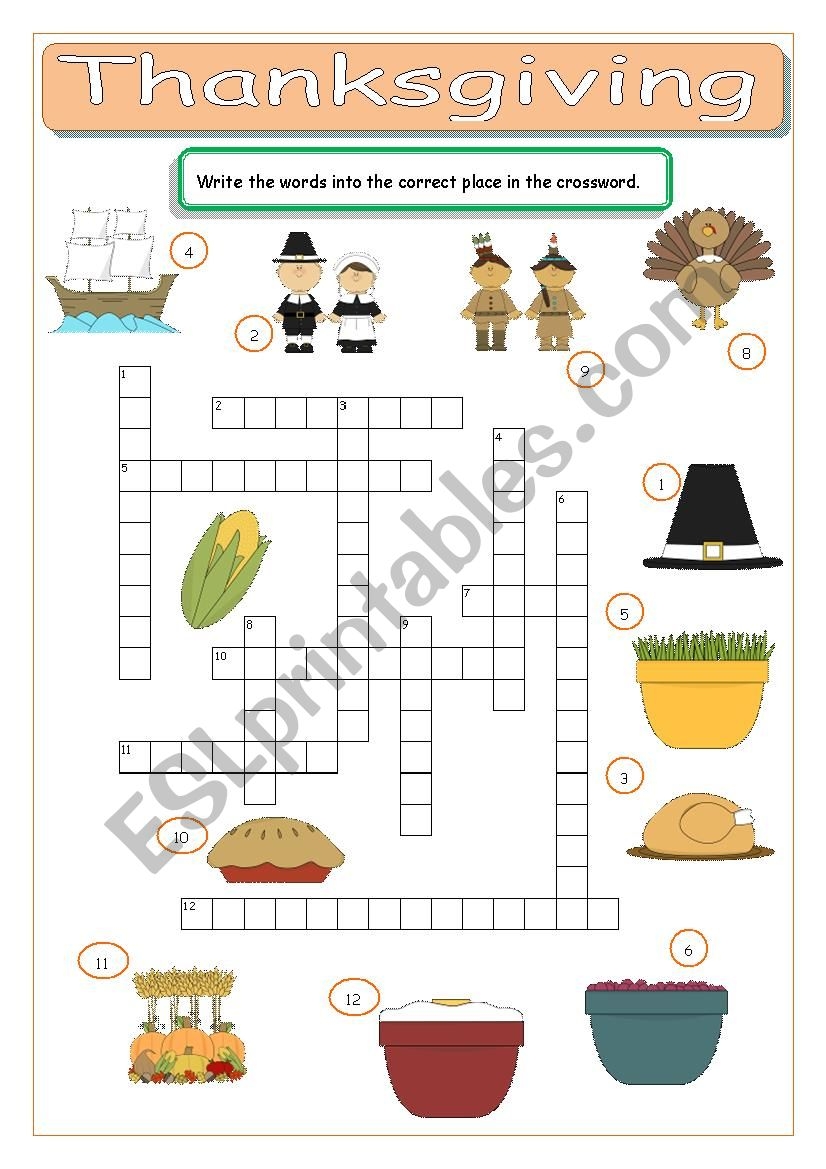 Thanksgiving Crossword ESL Worksheet By Tomas97