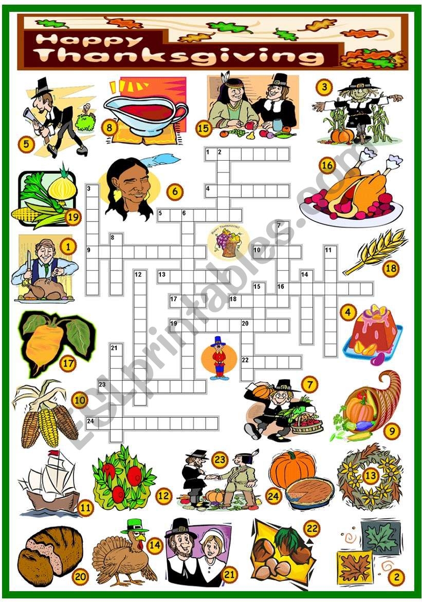 THANKSGIVING CROSSWORD KEY AND B W VERSION INCLUDED ESL Worksheet By Katiana
