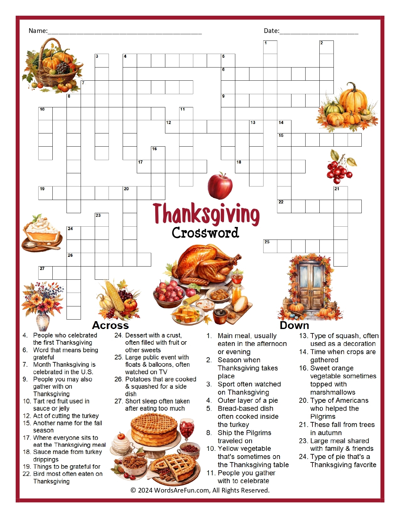 Thanksgiving Crossword Puzzles Thanksgiving Crossword Puzzles