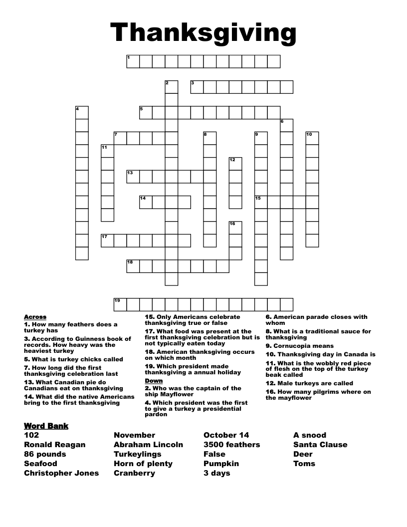 Thanksgiving Crossword WordMint
