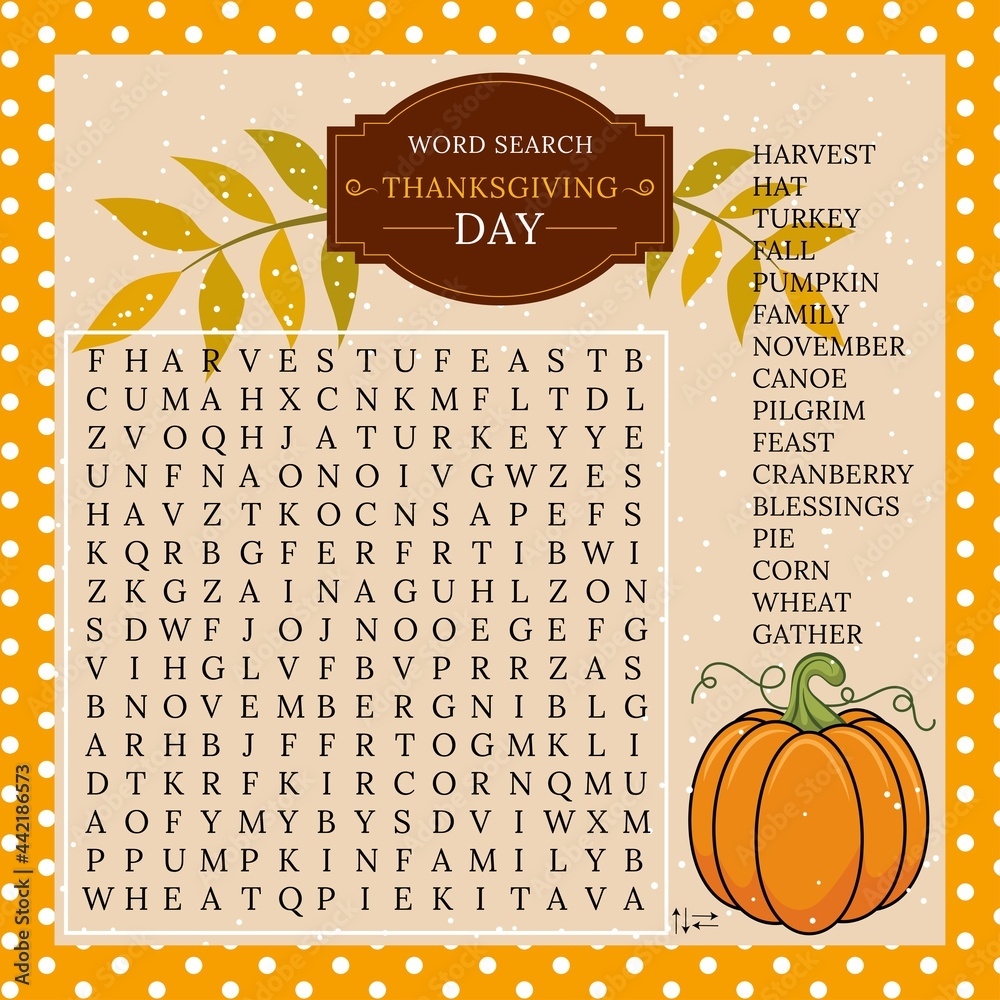 Thanksgiving Day Word Search Puzzle Logic Game For Learning English Words Holiday Festive Crossword Stock Vector Adobe Stock