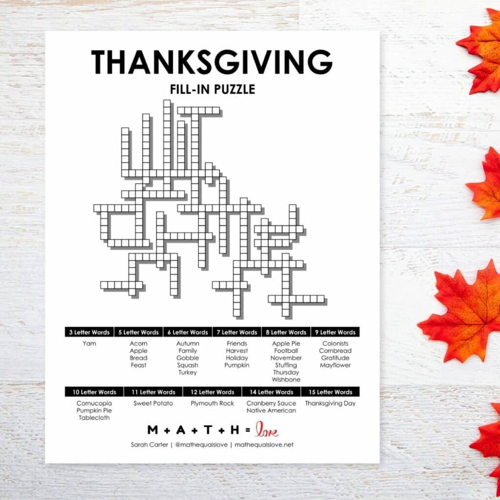 Thanksgiving Fill In Word Puzzle Math Love Thanksgiving Fill In Word Puzzle Math Love