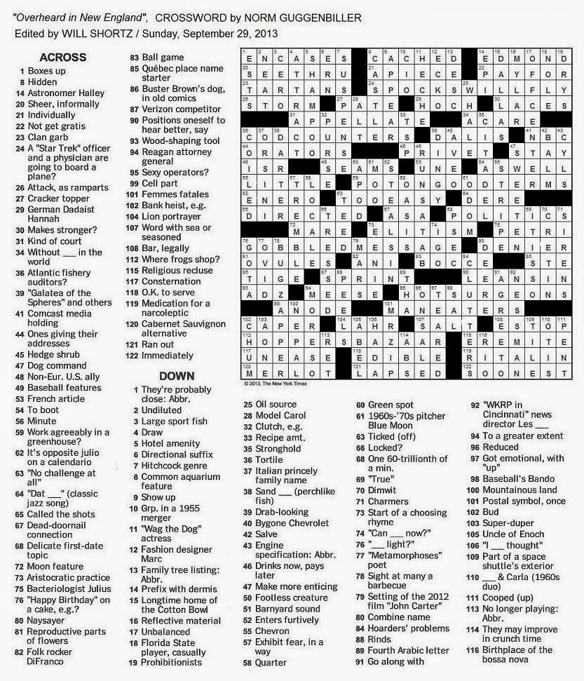 The New York Times Crossword In Gothic 09 29 13 Overheard In New England The New York Times Crossword In Gothic 09 29 13 Overheard In New England