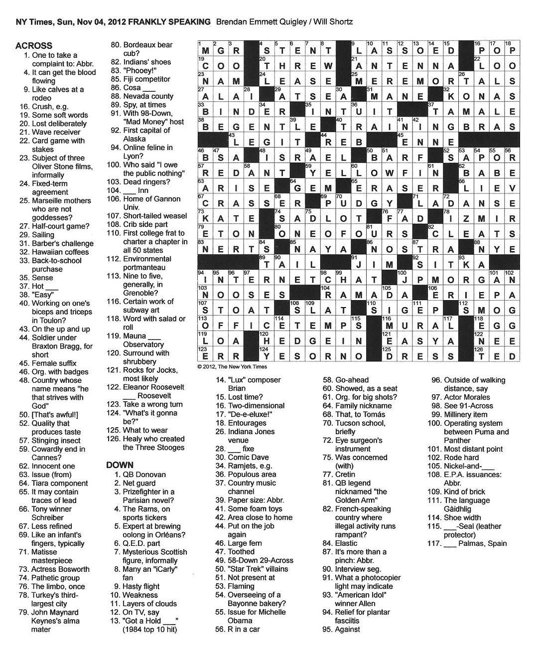 The New York Times Crossword In Gothic 11 04 12 Frankly Speaking The New York Times Crossword In Gothic 11 04 12 Frankly Speaking
