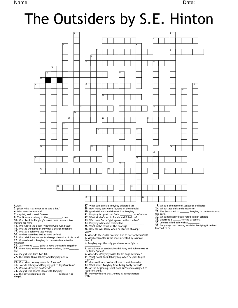 The Outsiders By S E Hinton Crossword WordMint The Outsiders By S E Hinton Crossword WordMint
