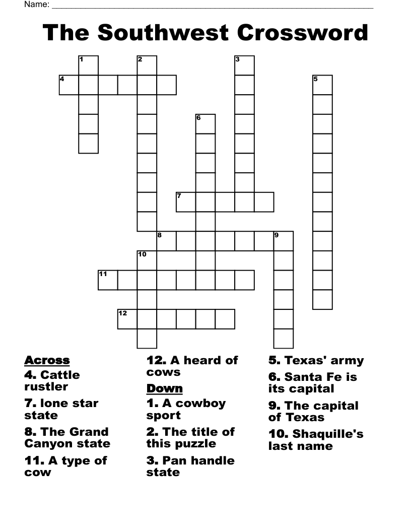 The Southwest Crossword WordMint The Southwest Crossword WordMint