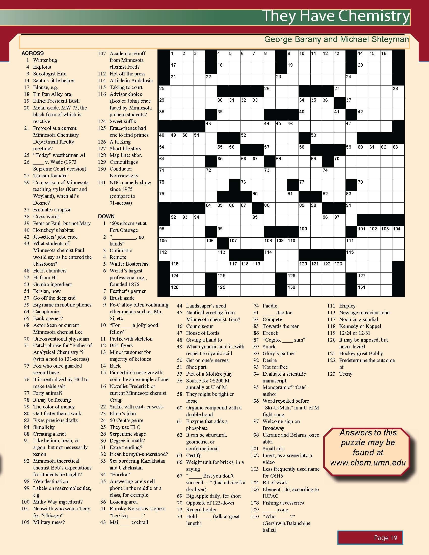 They Have Chemistry Crossword Puzzle By George Barany And Michael Shteyman