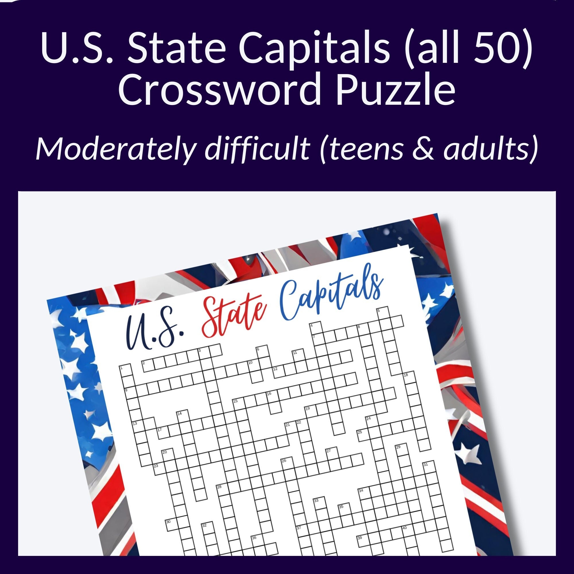 U S State Capital Crossword Puzzle Including All 50 States Great July 4 Or Family Reunion Game cross Word Puzzle For Teens adults Etsy