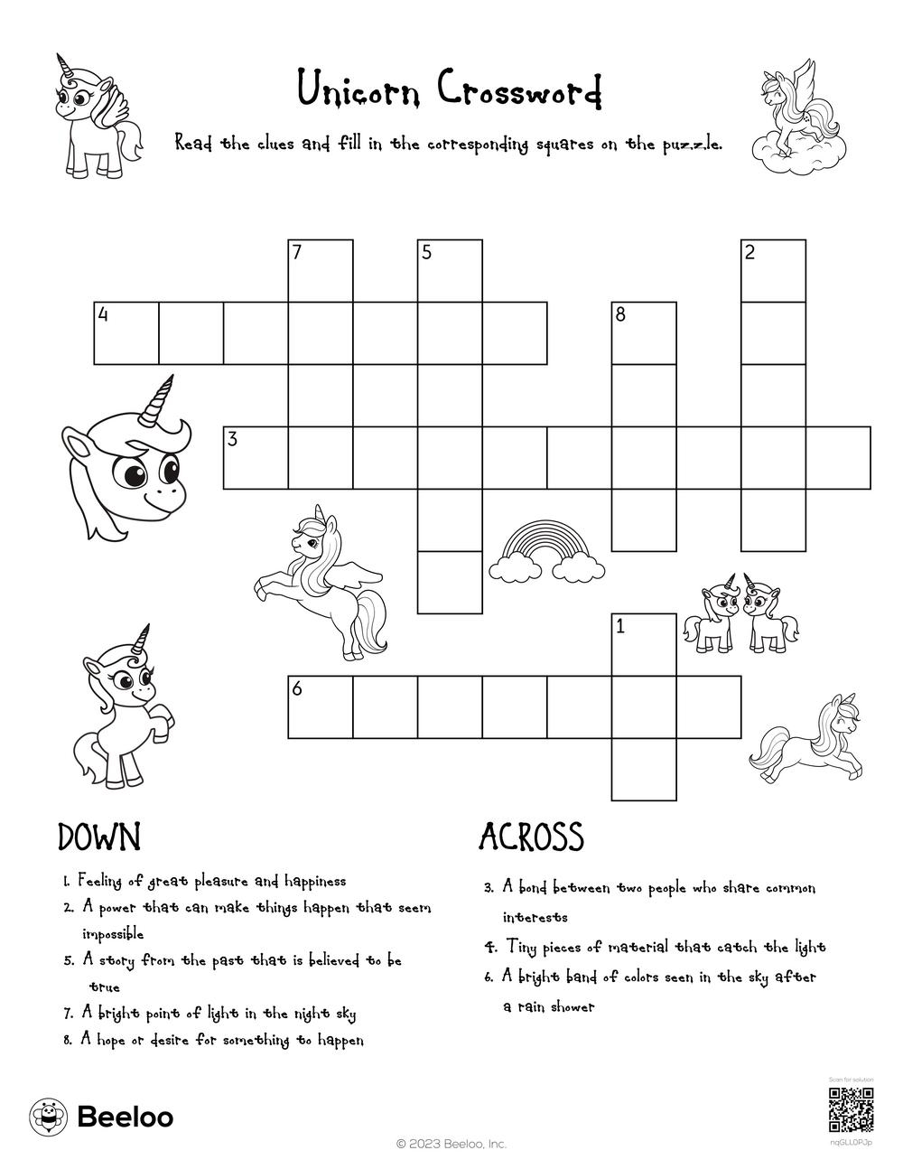 Unicorn Crossword Beeloo Printable Crafts And Activities For Kids
