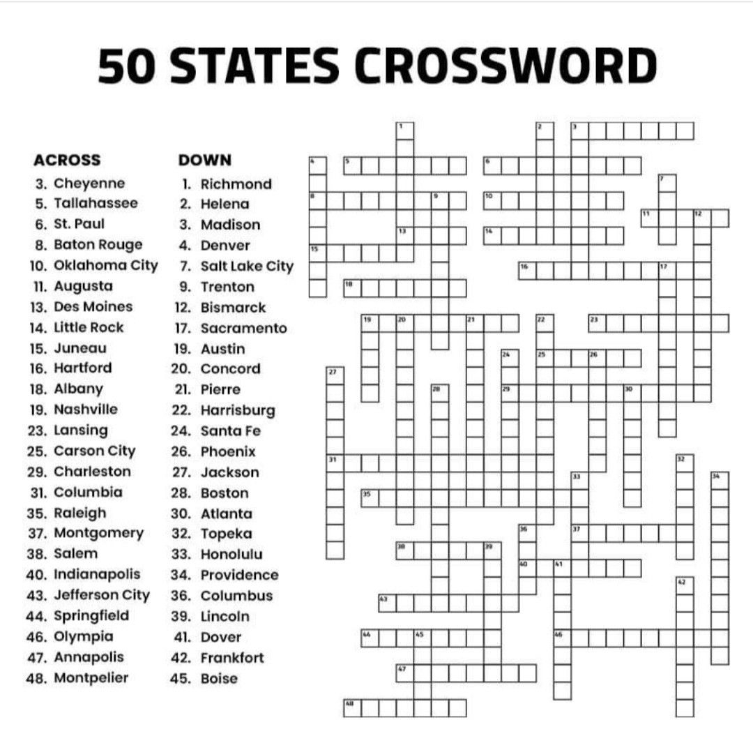 United States State Abbreviations Crossword Puzzle Printable