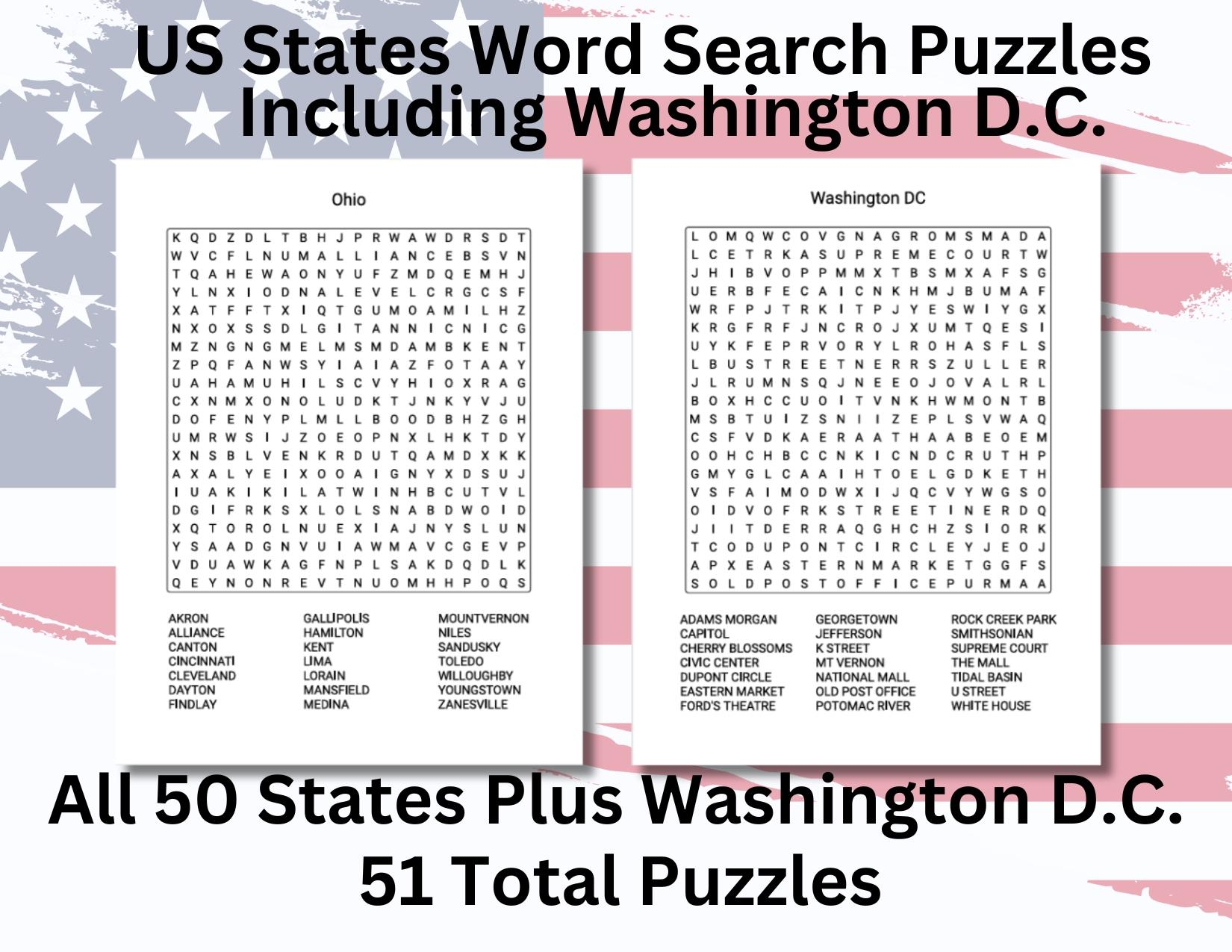 United States Word Search Puzzle Bundle 51 Printable Puzzles For All 50 States Washington D C Instant Download Educational Activity Etsy