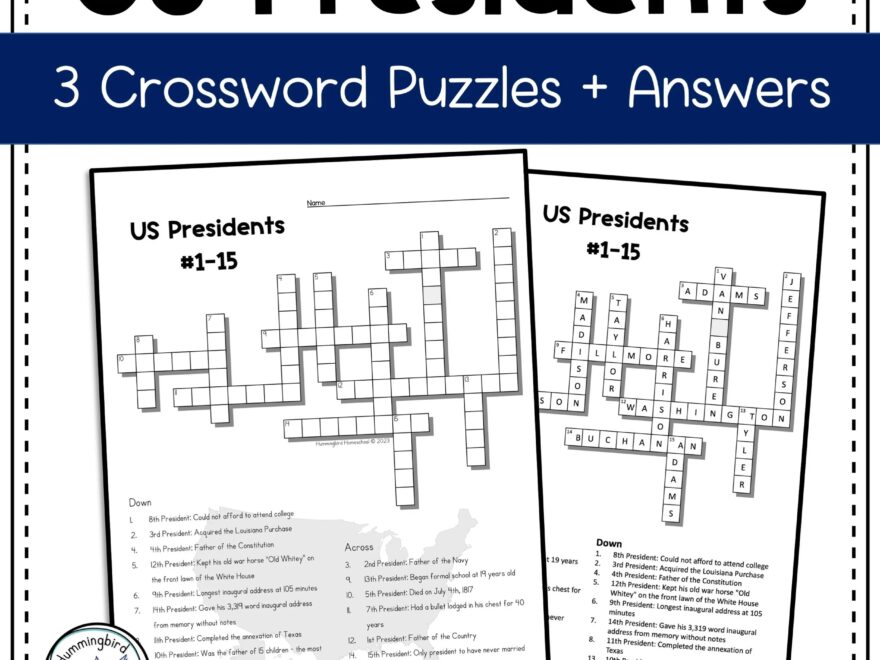US Presidents Crossword Puzzles With Answers Hummingbird Homeschool