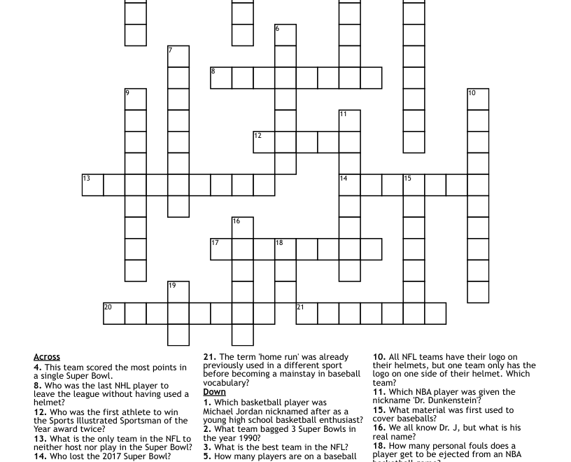US Super Bowl History Crossword WordMint