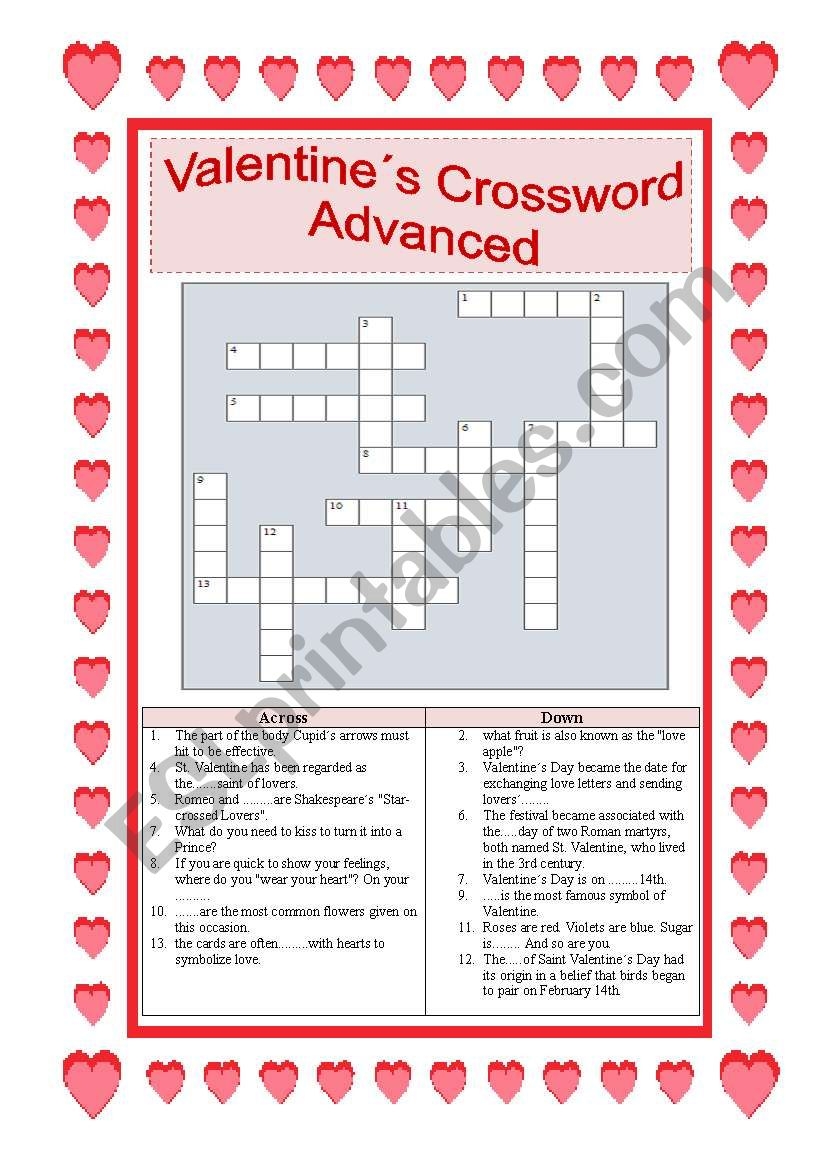 Valentine s Crossword For Advanced With ANSWER KEY ESL Worksheet By Cassy