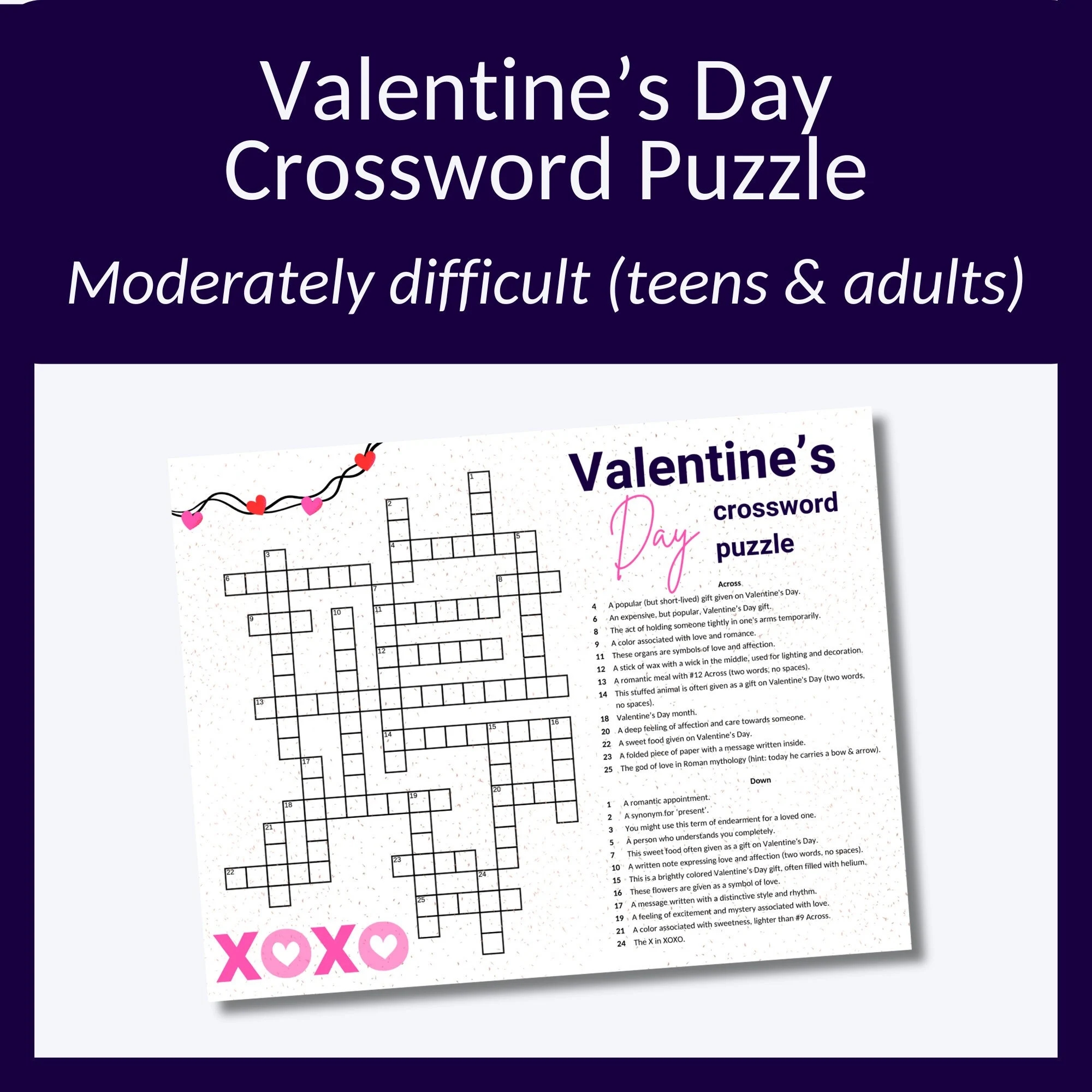 Valentine s Day Crossword Puzzle Fun Vocabulary Game digital Download Etsy