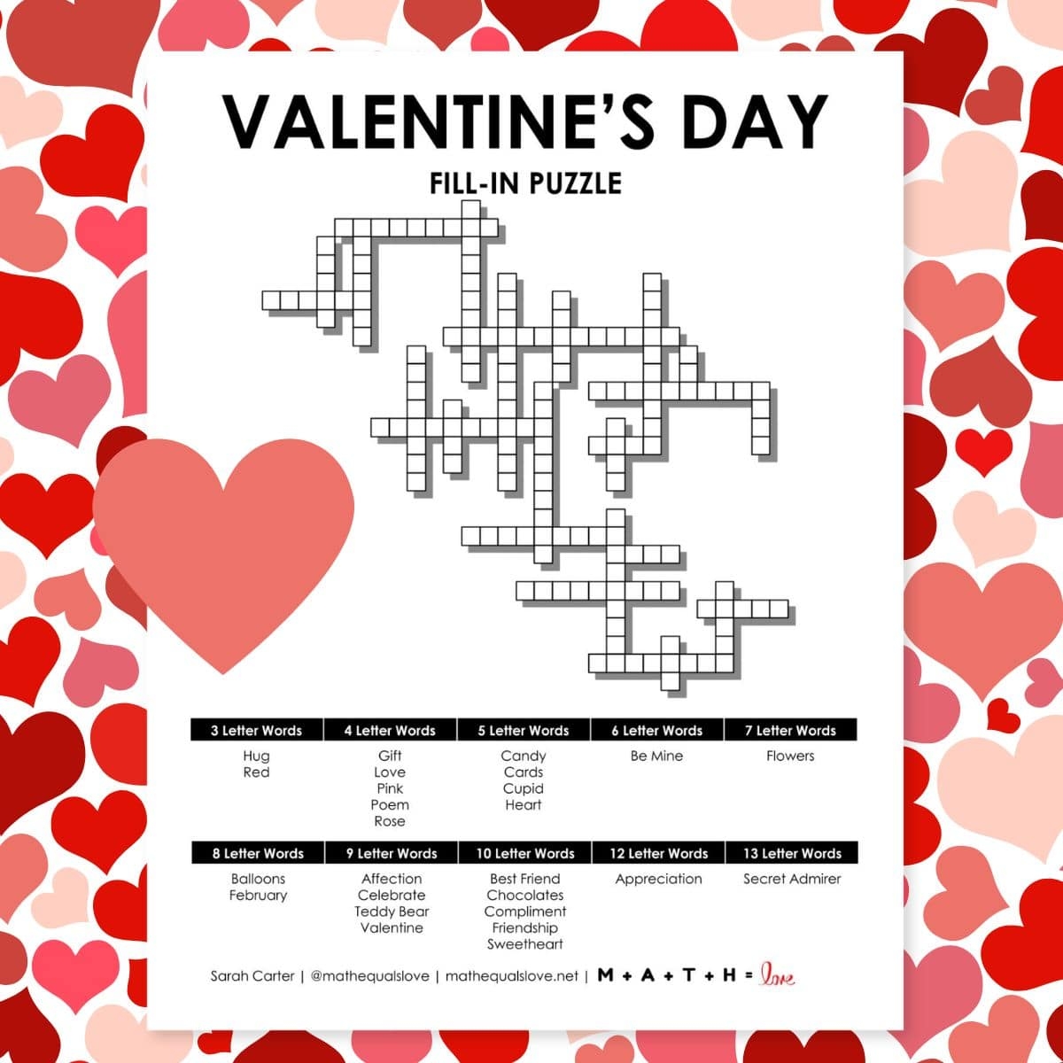 Valentine s Day Fill In Puzzle Math Love Valentine s Day Fill In Puzzle Math Love