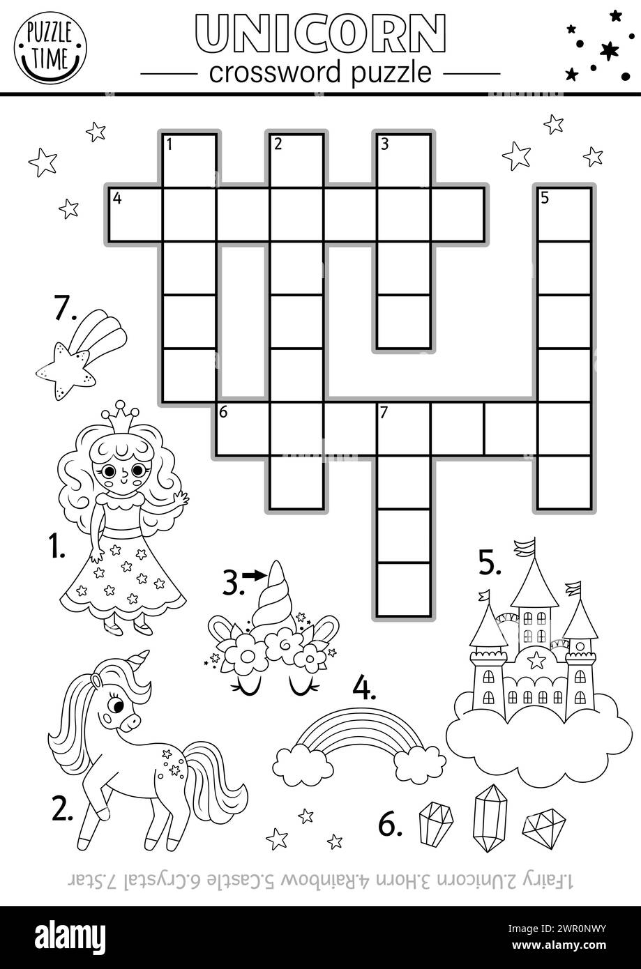 Vector Black And White Unicorn Crossword Puzzle For Kids Fantasy Country Quiz With Fairy Rainbow Crystals Falling Star For Children Cute Fairytal Stock Vector Image Art Alamy