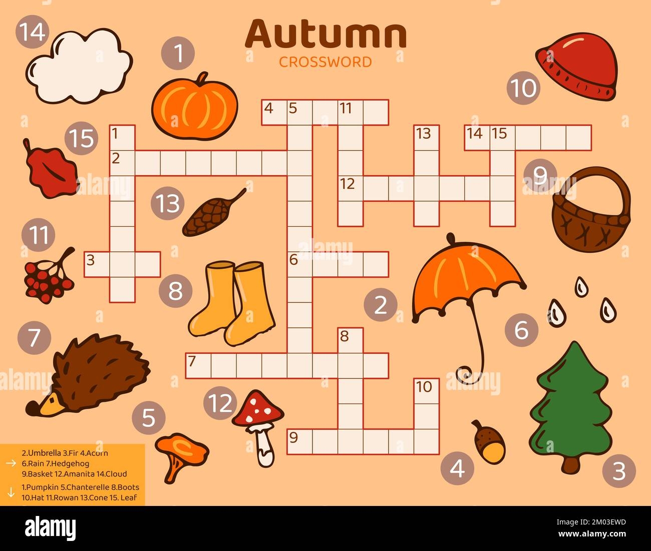 Vector Fall Season Crossword Puzzle For Kids Simple Quiz With Autumn Forest Objects For Children Educational Activity With Cute Funny Woodland Anima Stock Vector Image Art Alamy