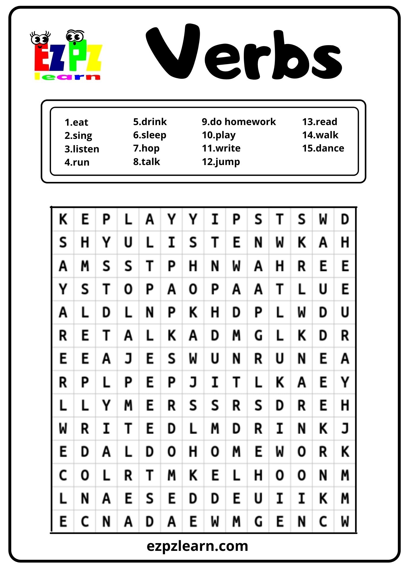 Verbs Word Search 1 Free PDF Download Ezpzlearn
